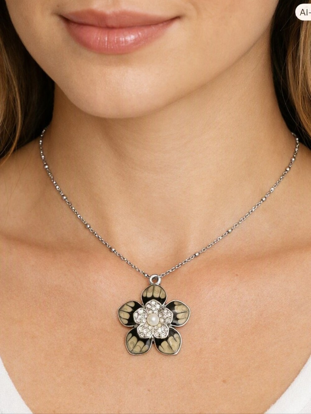 Lia Sophia Silver Flower Pendant Necklace With Pearl Center And Beaded Chain Y2k